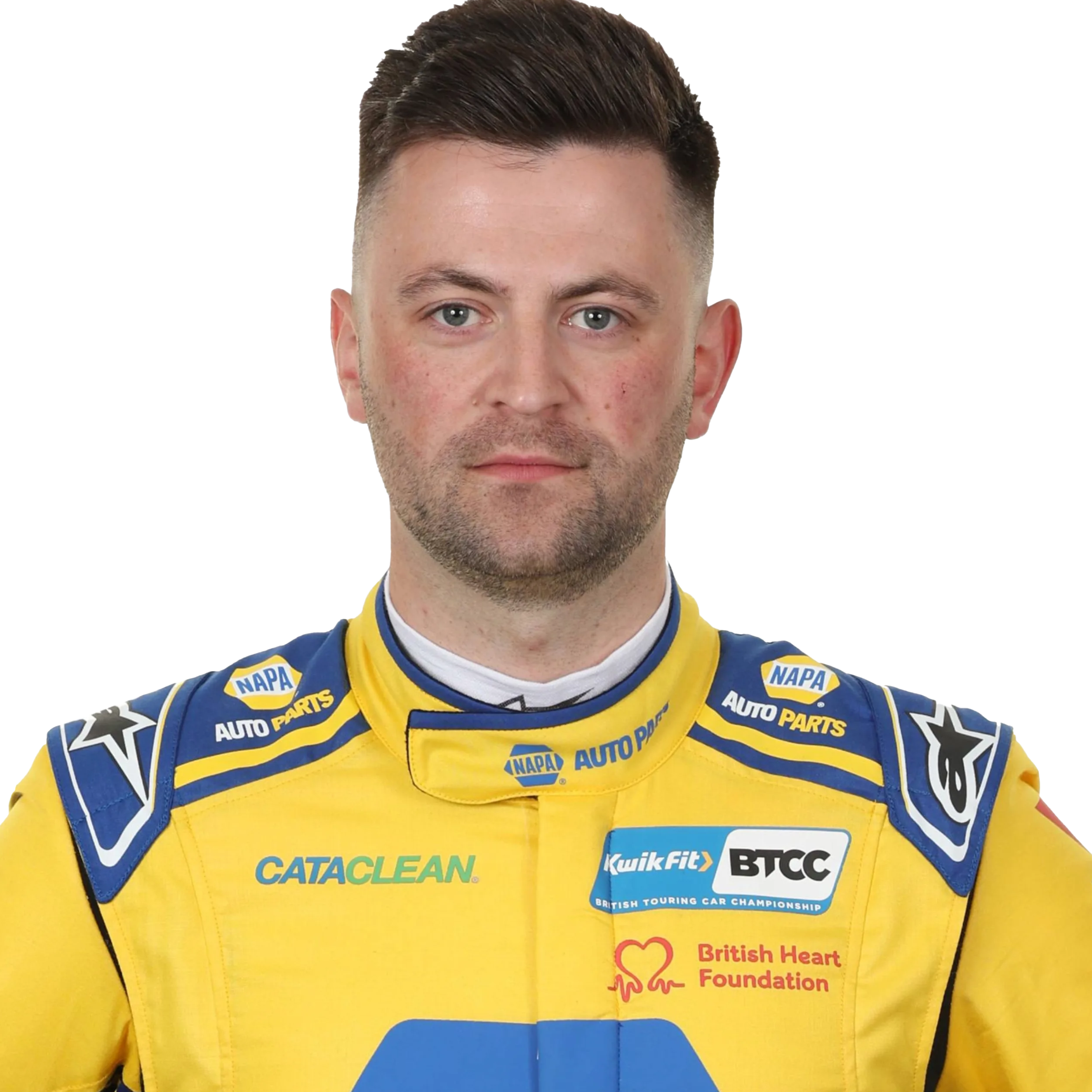Person wearing a yellow and blue racing suit with visible branding on a white background